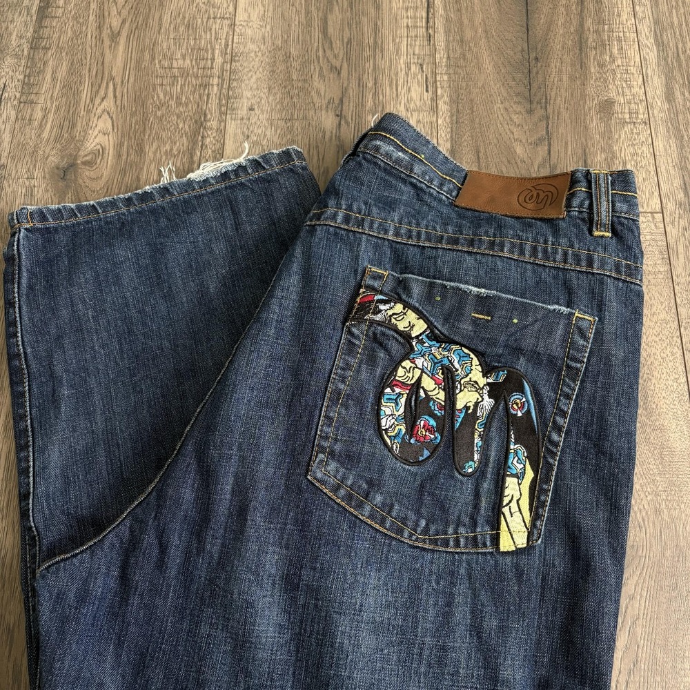 Meezan Jeans Mens 42x32 Blue Relaxed Fit Straight Leg Embroidered baggy *flaws*‎